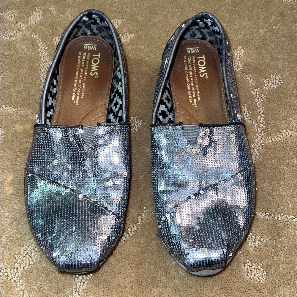 Toms Silver Sequin Alpargata Slop On Shoes, Sz 6.5